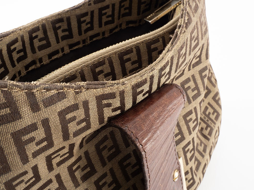FENDI Zucca Zucchino Brown Canvas Leather Shoulder Bag Tote Hobo Preown Auth13