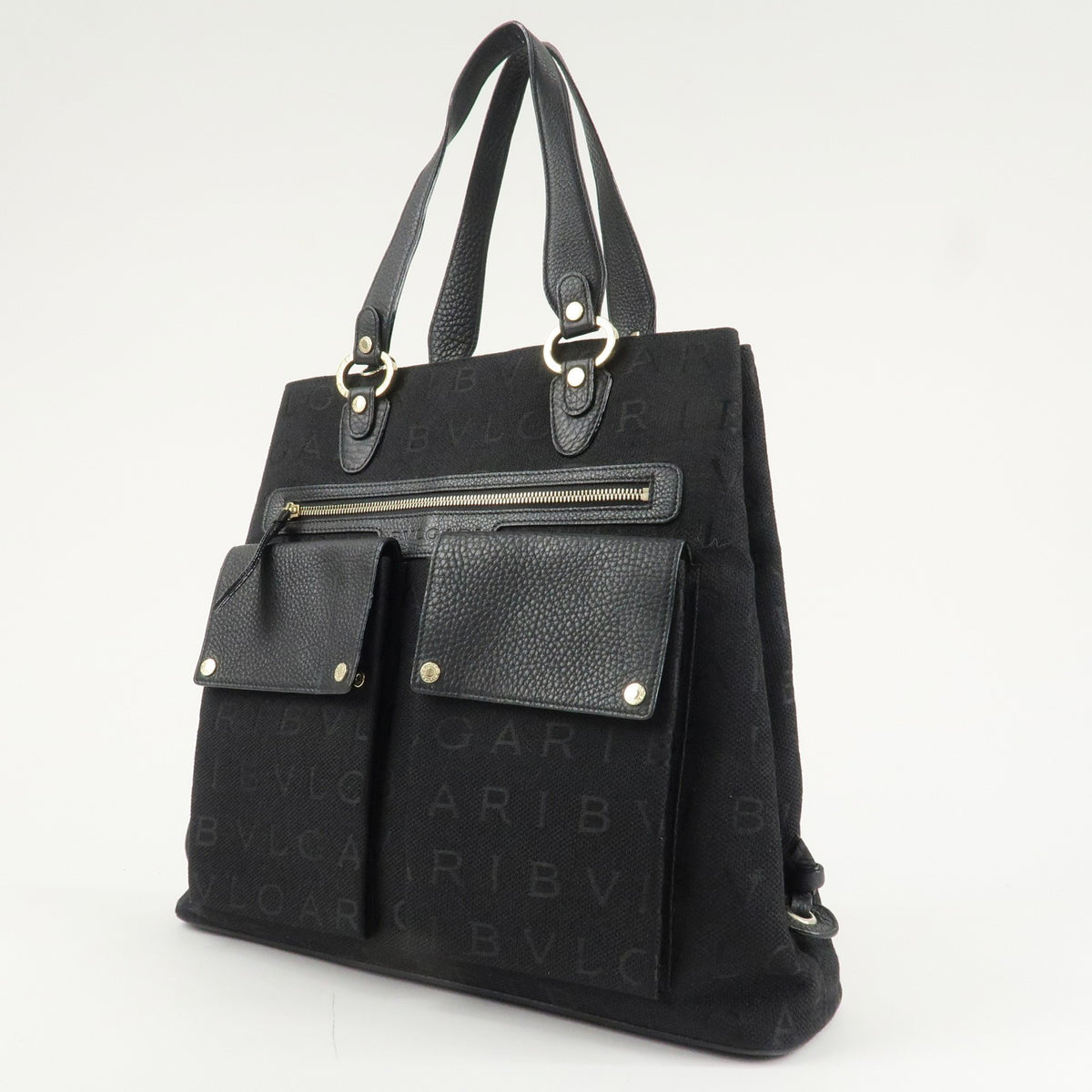 BVLGARI Logo Mania Canvas Leather Tote Bag Black Gold Hardware Auth Used F/S2