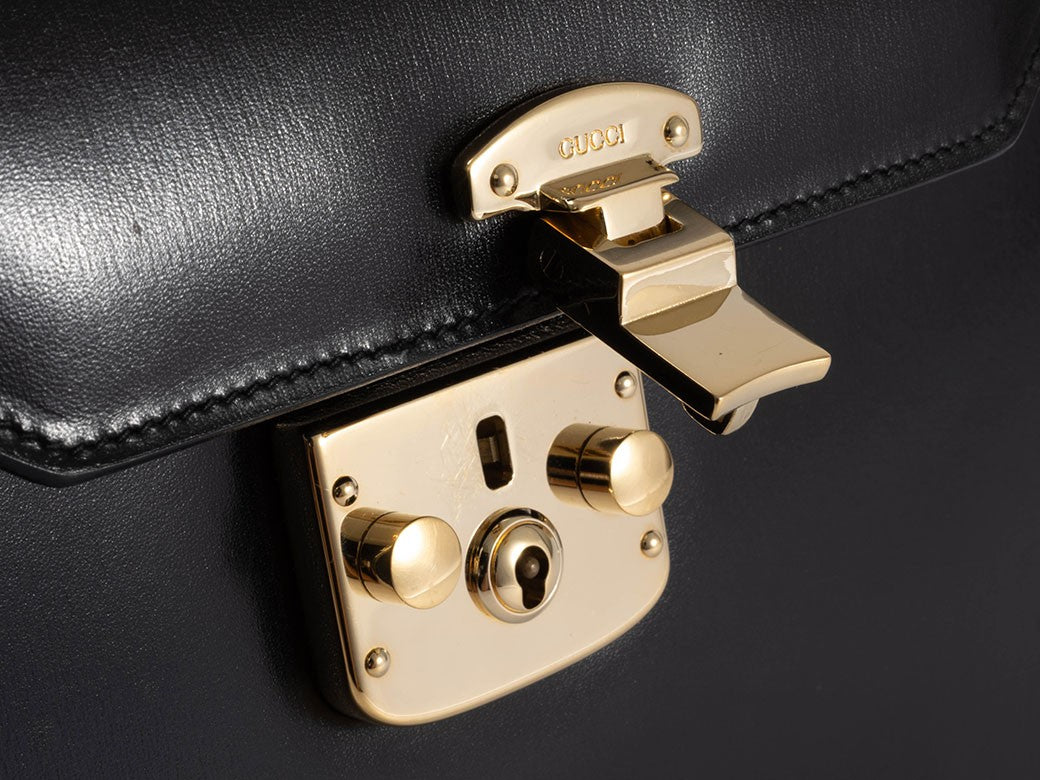 GUCCI Old Gucci Lady Lock Handbag Black Leather Top Handle 000 01 0192 Preowned20