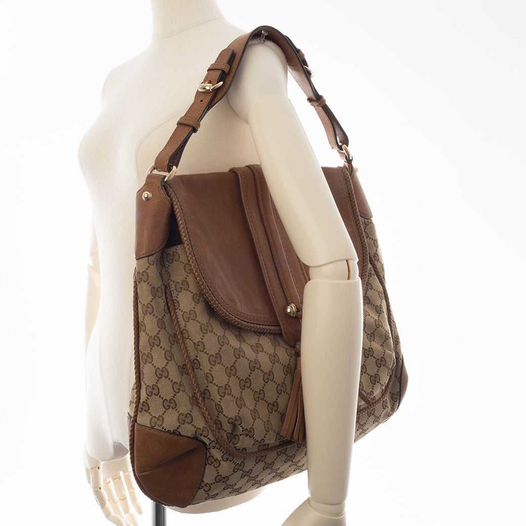 GUCCI Marrakech Hobo Bag GG Canvas Leather Tassel Beige Brown 257021 Preowned17