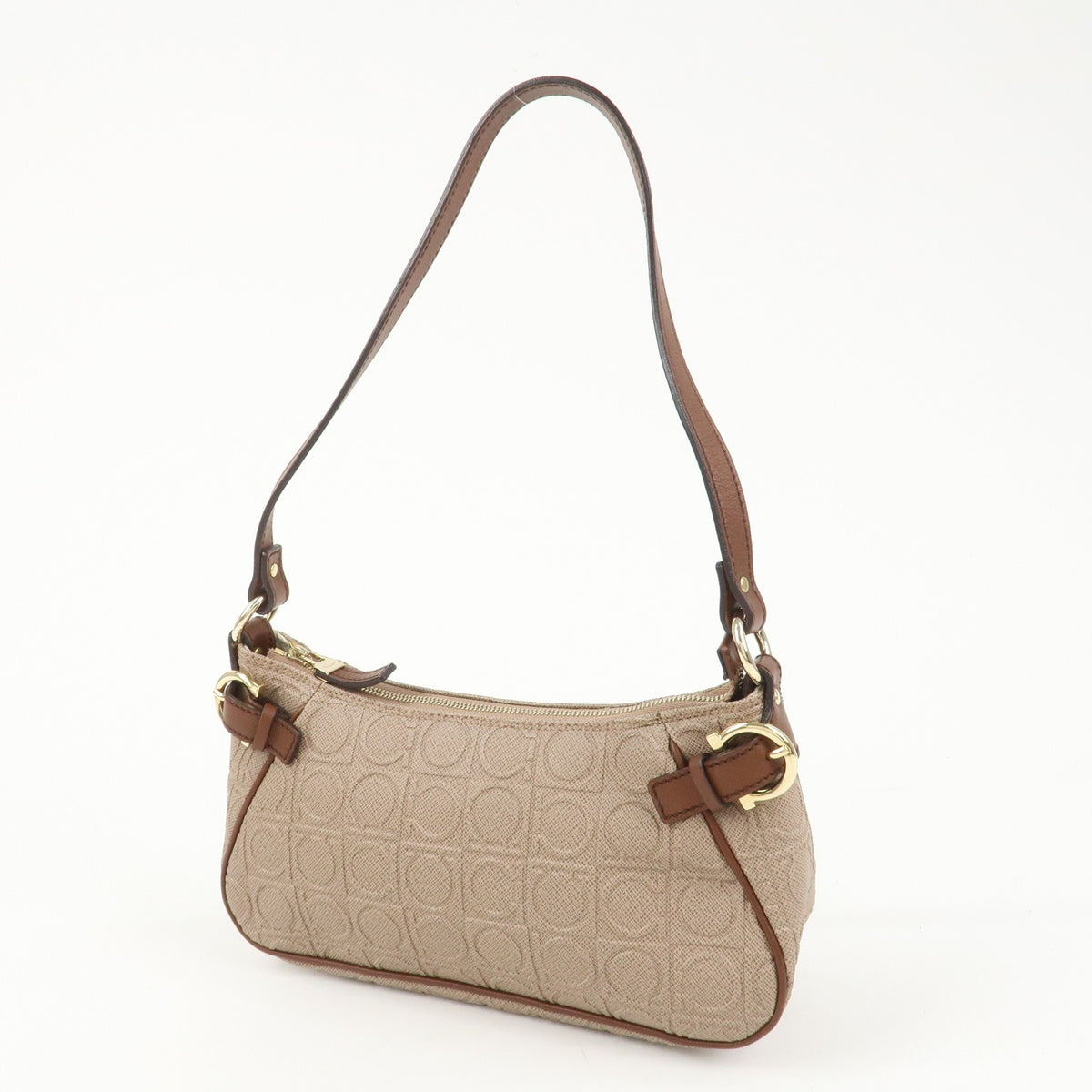 Ferragamo Gancini PVC Leather Shoulder Bag Brown Convertible Bag Preowned Auth2