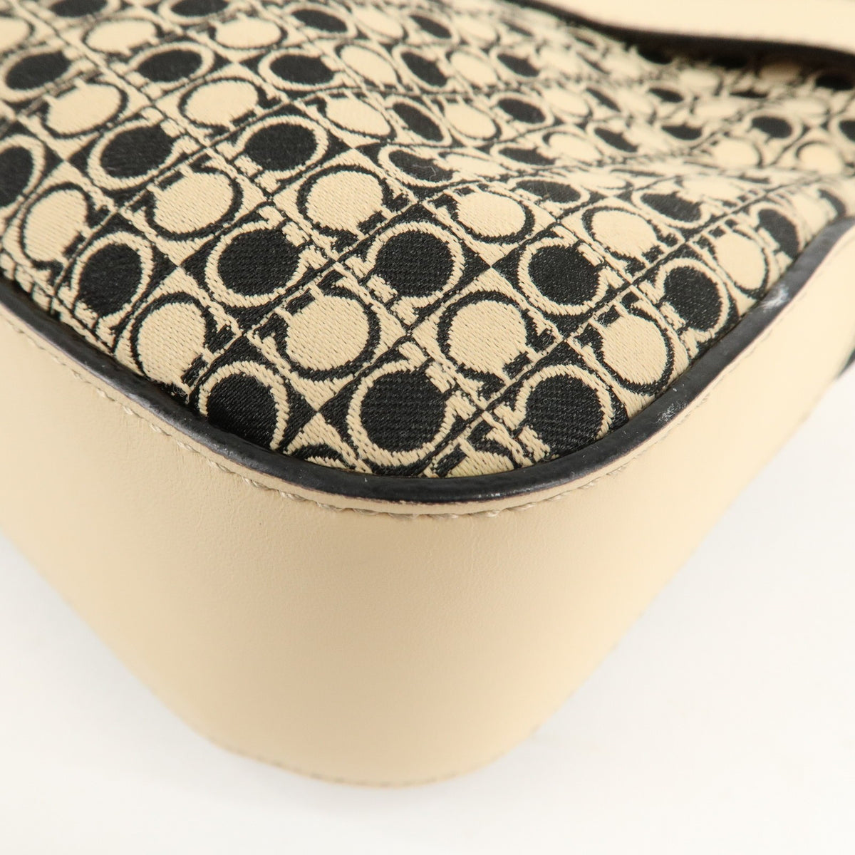 Ferragamo Gancini Hobo Shoulder Bag Canvas Leather Beige Black Preowned Auth15