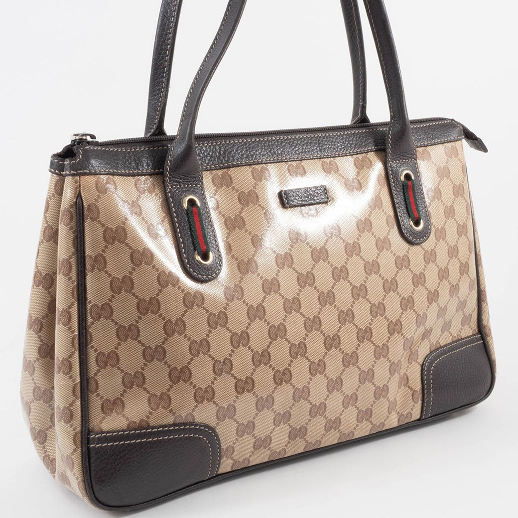 GUCCI GG Crystal Shoulder Tote Bag Sherry Line Web Beige Brown 293599 Preowned2