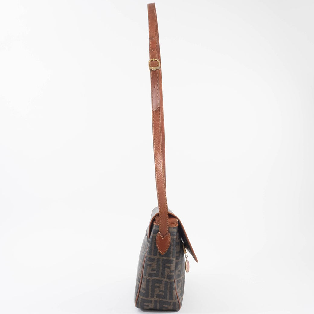 FENDI Zucca PVC Leather Crossbody Shoulder Bag FF Logo Flap Brown Preowned Auth4