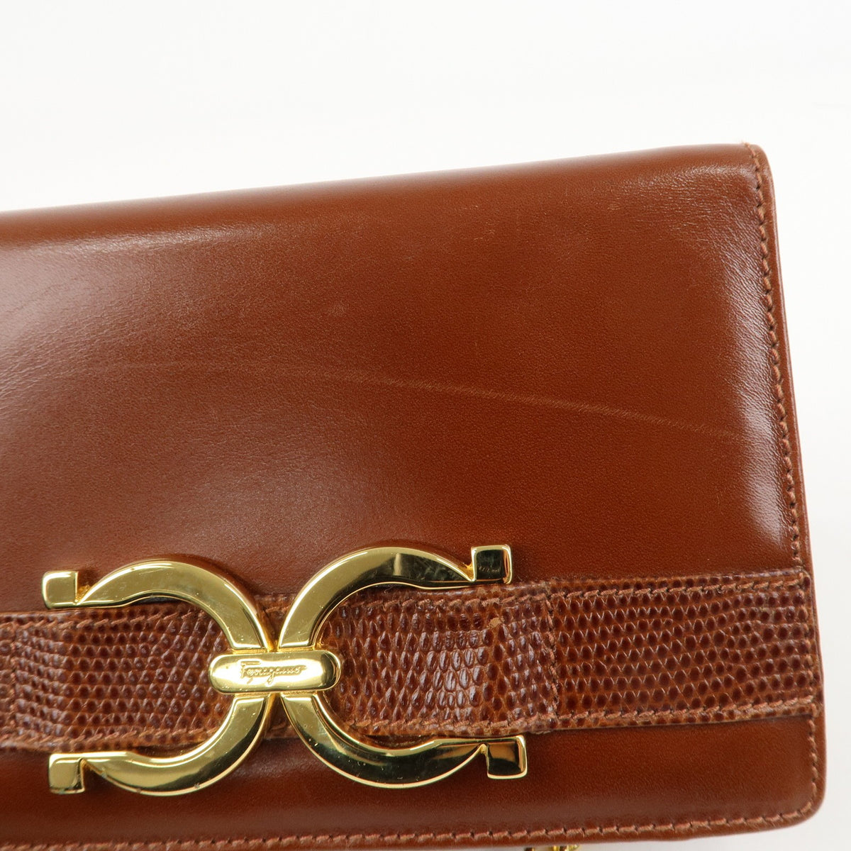 Ferragamo Gancini Leather Chain Shoulder Bag Brown Gold HDW Authentic Used F/S16