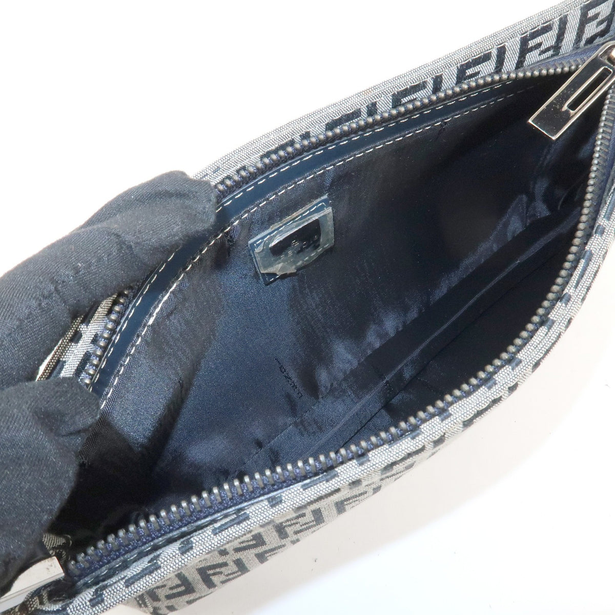 FENDI Zucchino Canvas Leather Shoulder Bag Navy Blue Logo 8BR042 Preowned Auth19