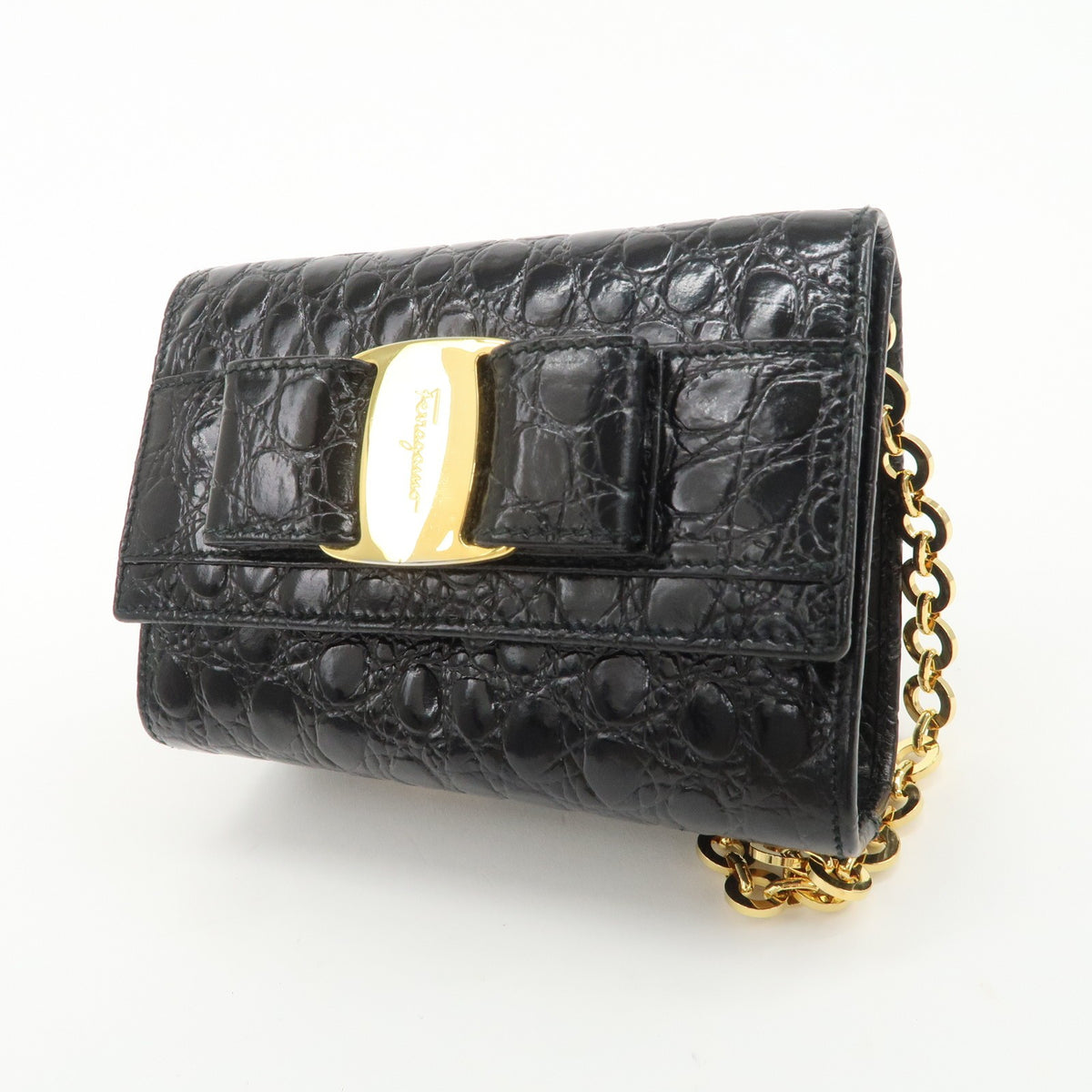 FERRAGAMO Vara Ribbon Chain Shoulder Bag Mini Black Leather Preowned Auth2