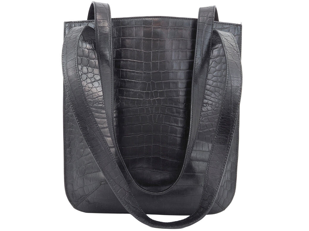 Salvatore Ferragamo Embossed Black Leather Shoulder Tote Bag Preowned Auth1