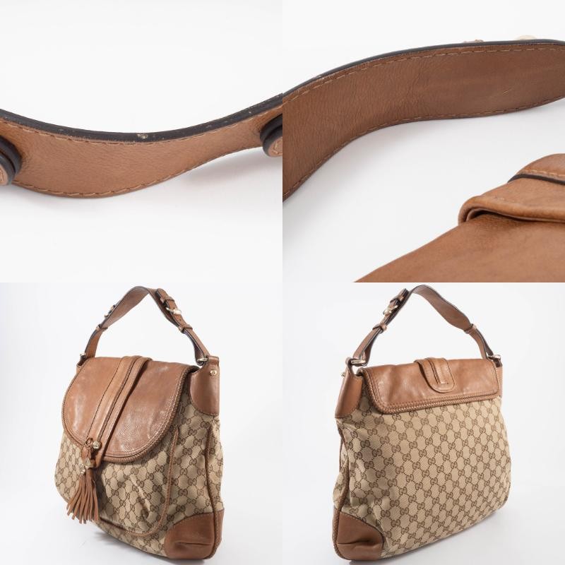 GUCCI Marrakech Hobo Bag GG Canvas Leather Tassel Beige Brown 257021 Preowned11