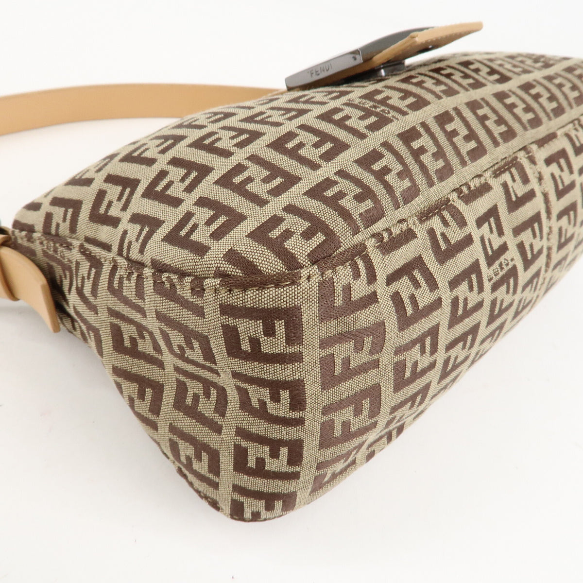 FENDI Zucchino Canvas Womens Shoulder Bag Beige Leather 8BR003 Preowned Auth12