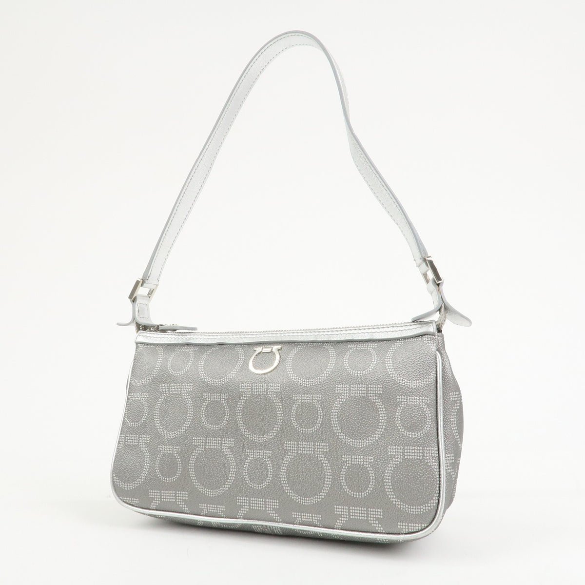 Ferragamo Gancini Logo Leather Shoulder Bag Hand Bag Silver Authentic Used F/S2