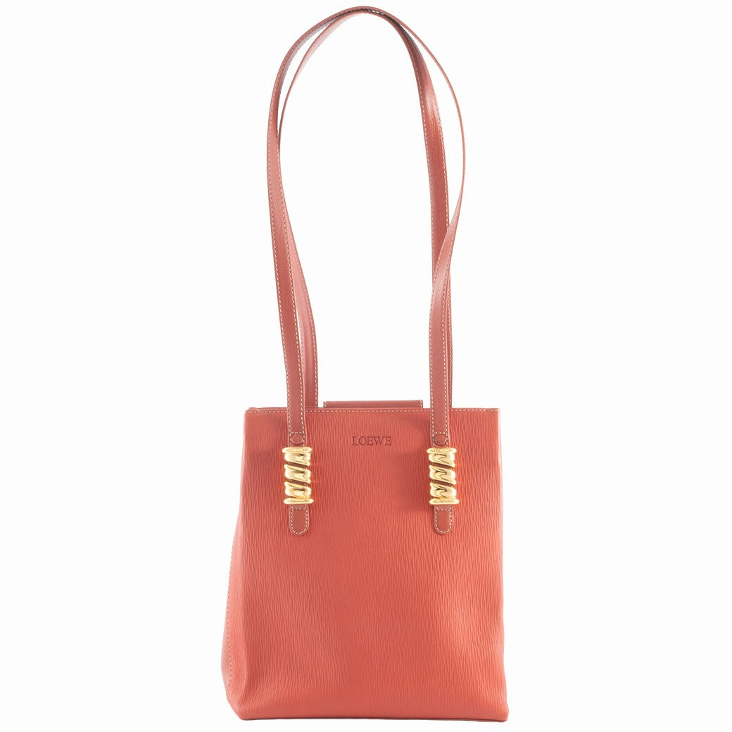 LOEWE Velazquez Shoulder Tote Bag Orange Leather Twisted Hardware Preowned0