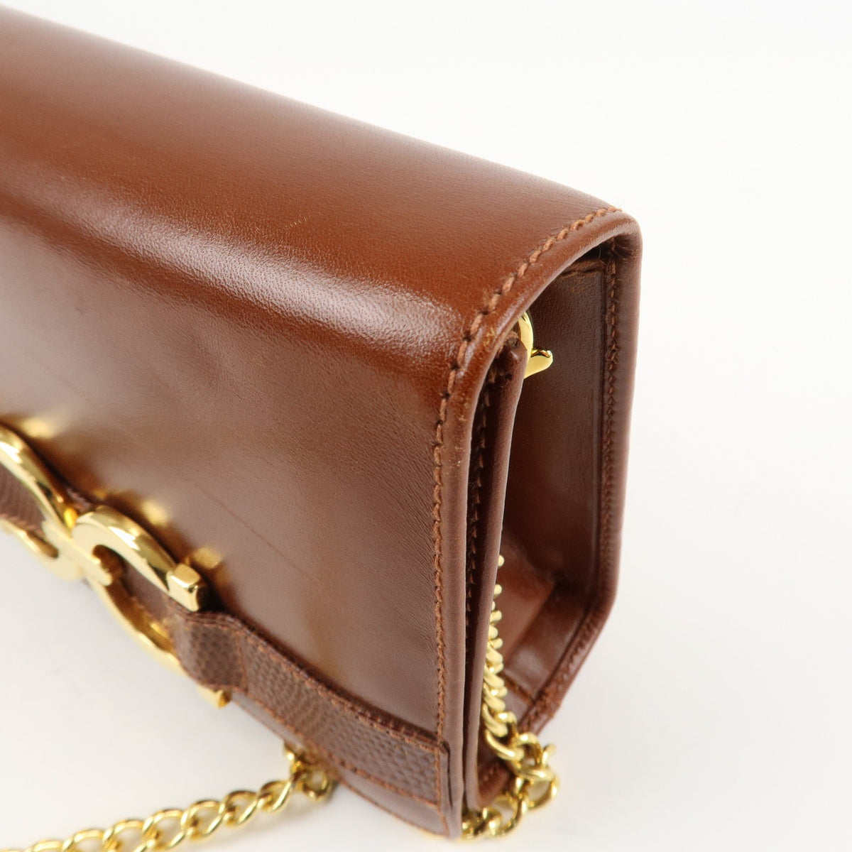 Ferragamo Gancini Leather Chain Shoulder Bag Brown Gold HDW Authentic Used F/S18