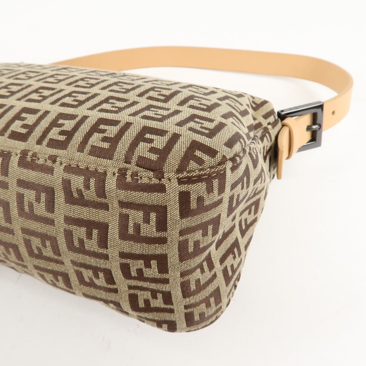 FENDI Zucchino Canvas Womens Shoulder Bag Beige Leather 8BR003 Preowned Auth15