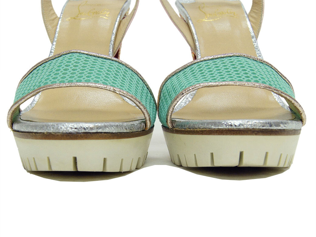 Christian Louboutin Platform Sandals Silver Green Women's 37.5 Reuse Used Preow3