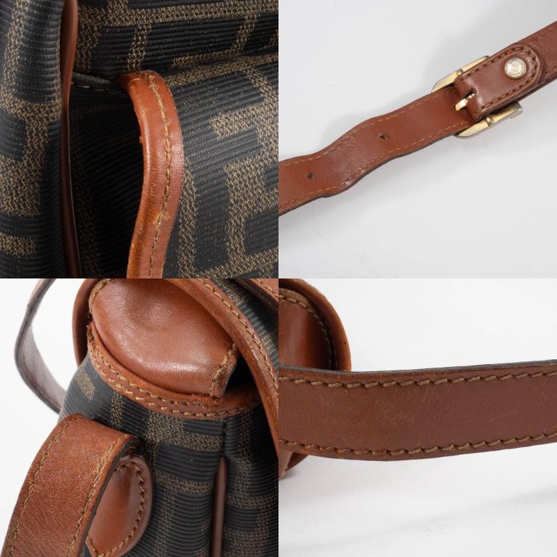 FENDI Zucca PVC Leather Crossbody Shoulder Bag FF Logo Flap Brown Preowned Auth16