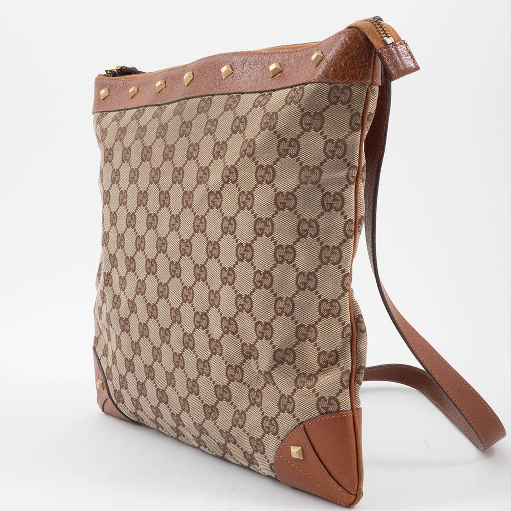 GUCCI GG Canvas Studded Beige Brown Crossbody Shoulder Bag 120894 Preowned Auth4