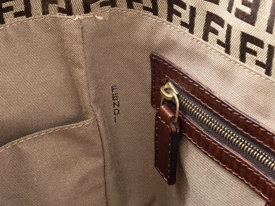 FENDI Zucchino Beige Canvas Leather Shoulder Tote Bag 8BH161 Preowned Auth19