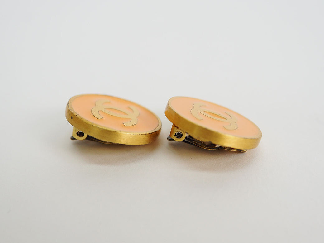 CHANEL Round Coco Earrings Orange x Gold 01P Ladies Large Size Preowned Auth1