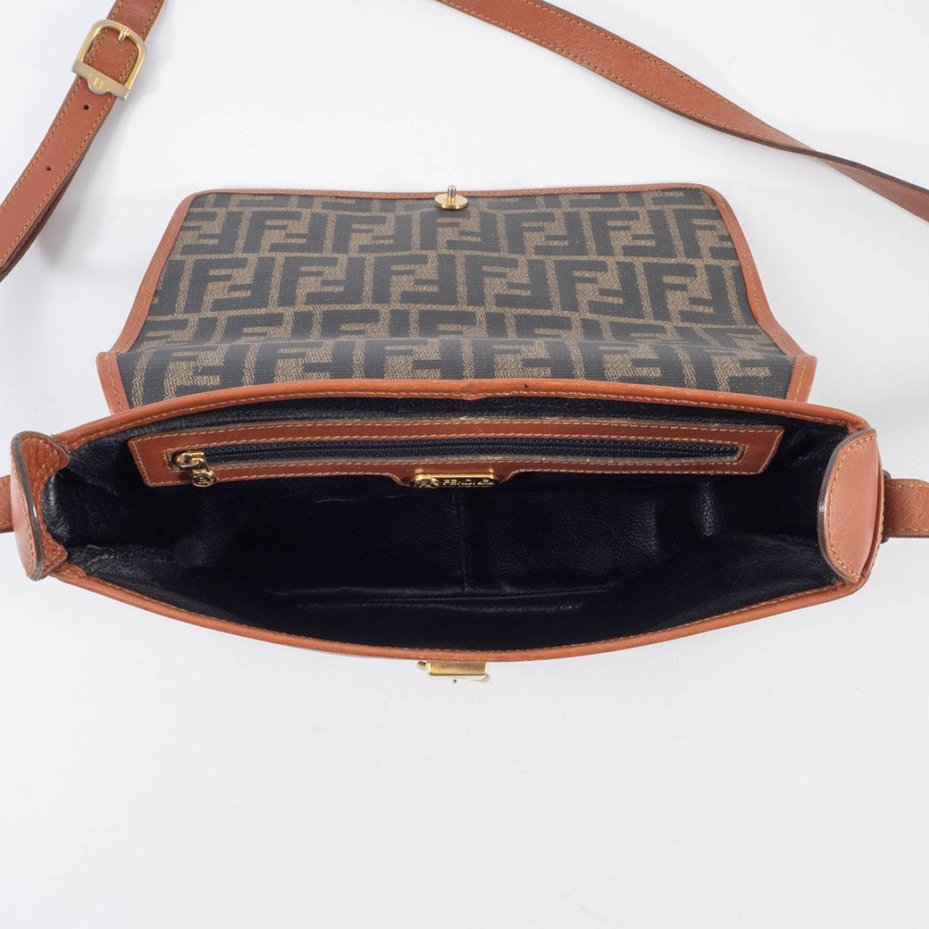 FENDI Zucca PVC Leather Crossbody Shoulder Bag FF Logo Flap Brown Preowned Auth20