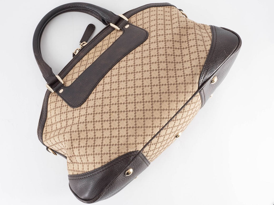 GUCCI Diamante Canvas Leather Tote Handbag Beige Brown Womens Preowned Auth22