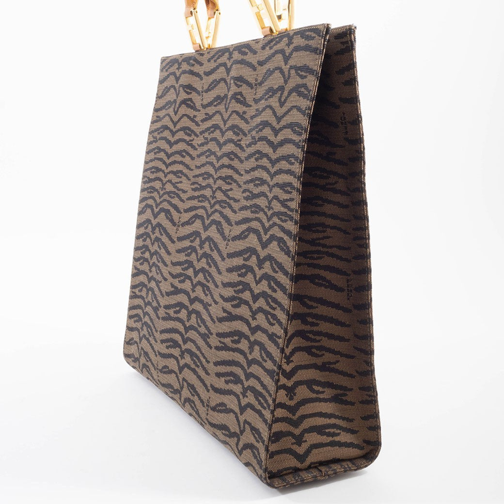FENDI Zebra Print Tote Bag Canvas Leather Animal Pattern Brown Preowned Auth3
