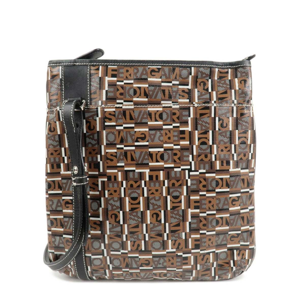 Ferragamo PVC Leather Womens Shoulder Bag Brown Black White Preowned Auth0
