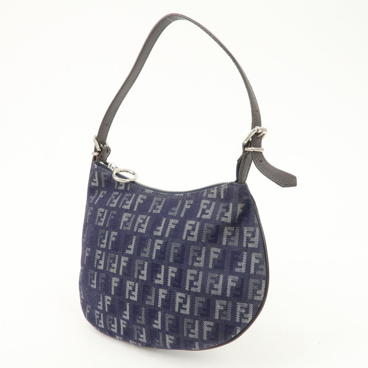 FENDI Zucchino Navy Blue Canvas Leather Hobo Shoulder Bag Slim Preowned Auth2