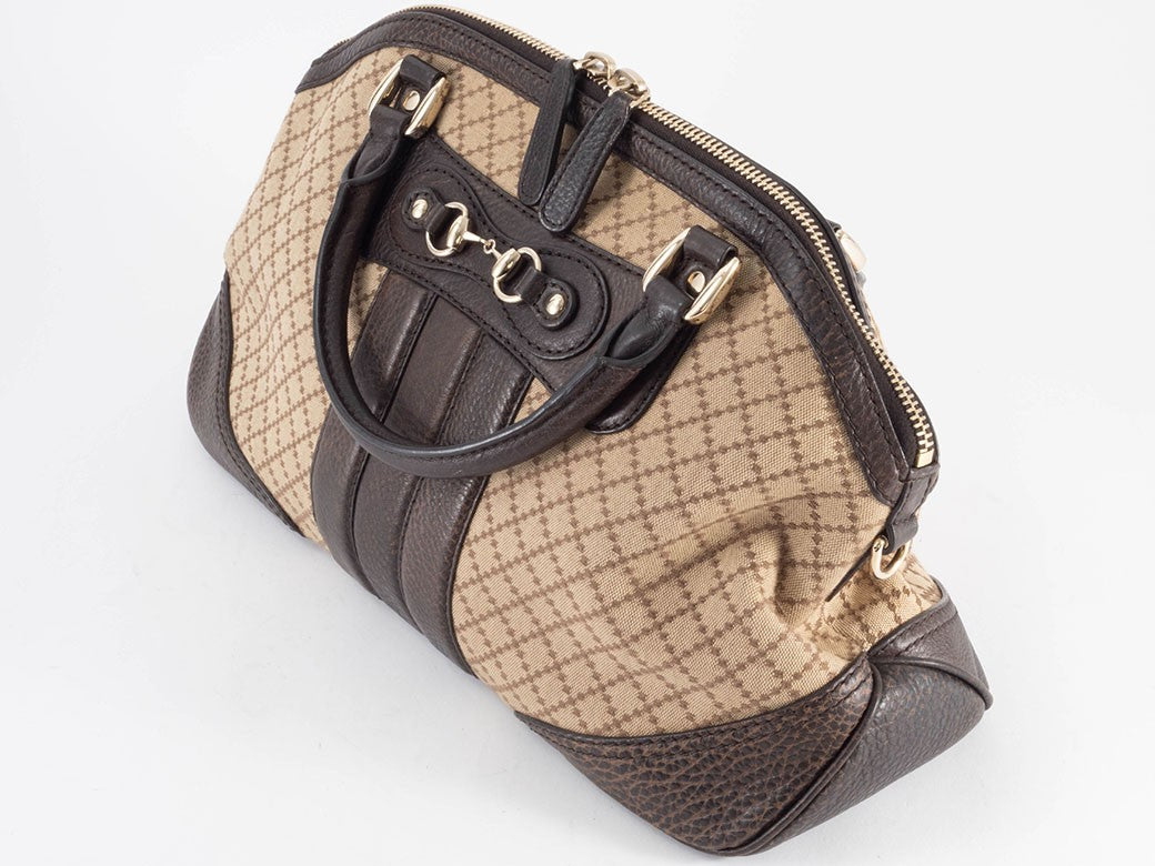 GUCCI Diamante Canvas Leather Tote Handbag Beige Brown Womens Preowned Auth23