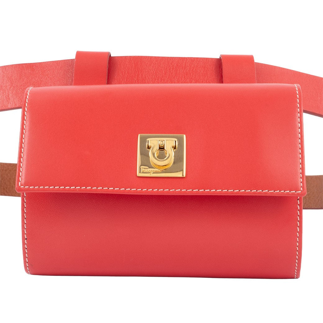 Auth Salvatore Ferragamo Bag Gancini Body Bag Red Leather Reuse Used Preowned0