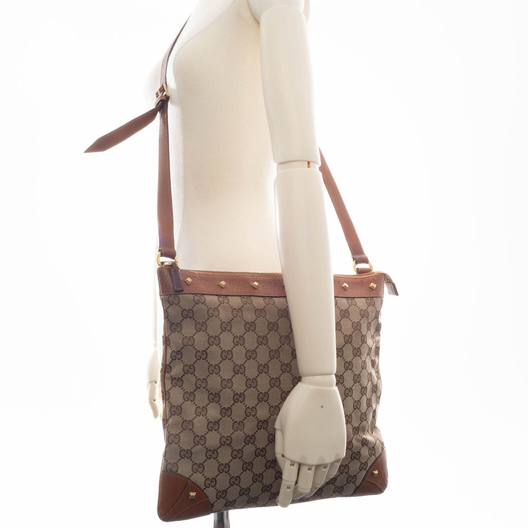 GUCCI GG Canvas Studded Beige Brown Crossbody Shoulder Bag 120894 Preowned Auth15