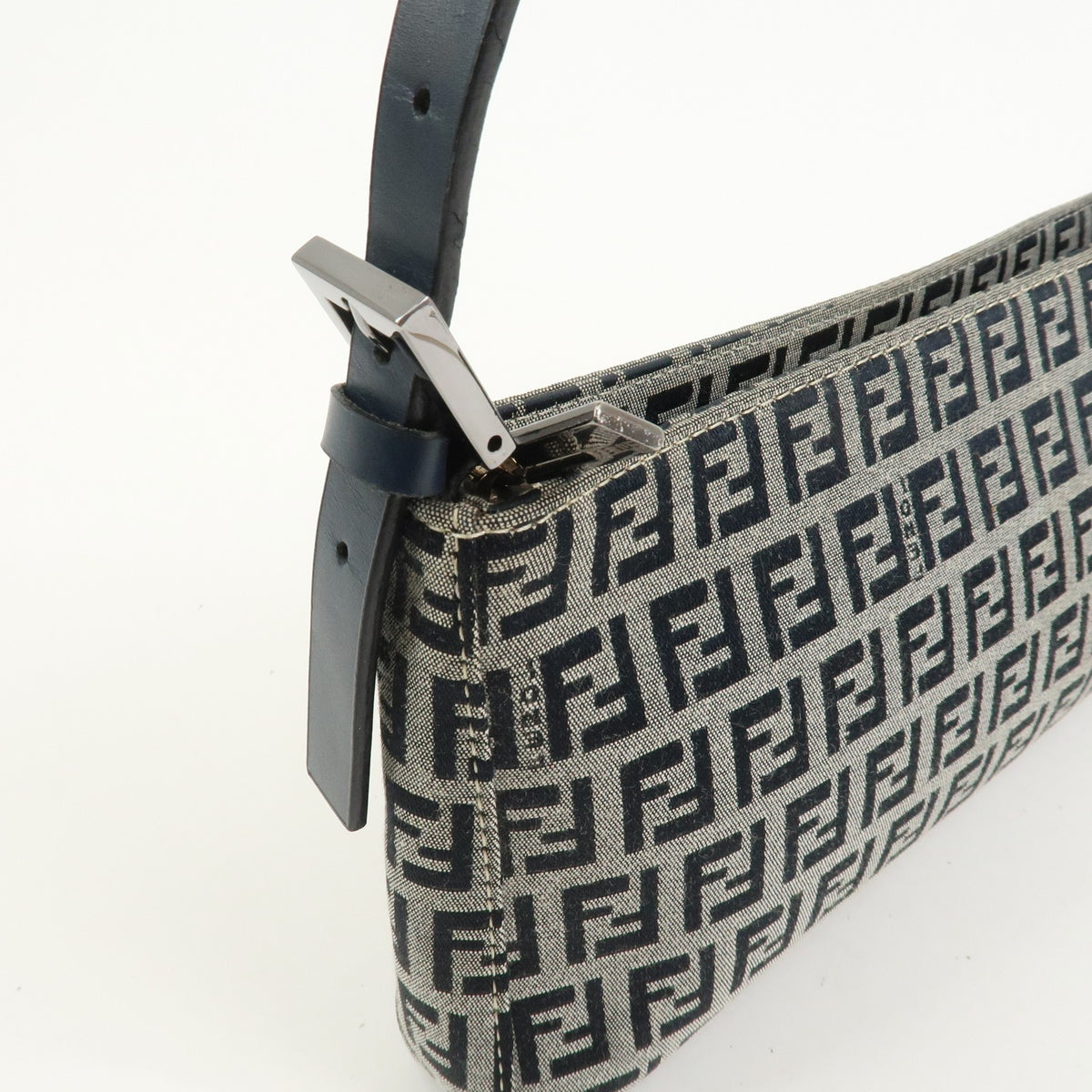 FENDI Zucchino Canvas Leather Shoulder Bag Navy Blue Logo 8BR042 Preowned Auth15