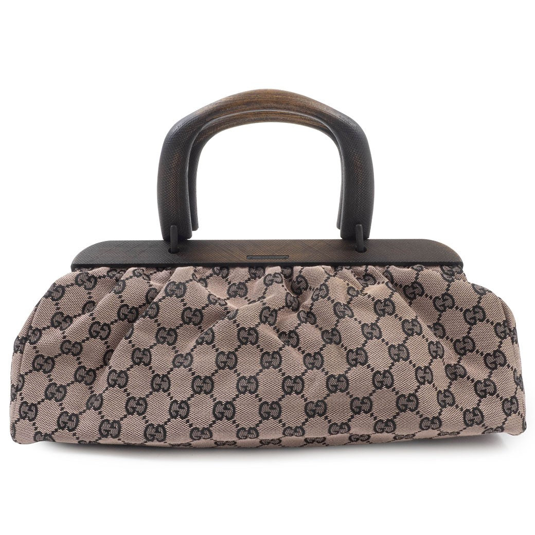 GUCCI GG Canvas Wood Handle Handbag Womens Beige Leather 112688 Preowned Auth1
