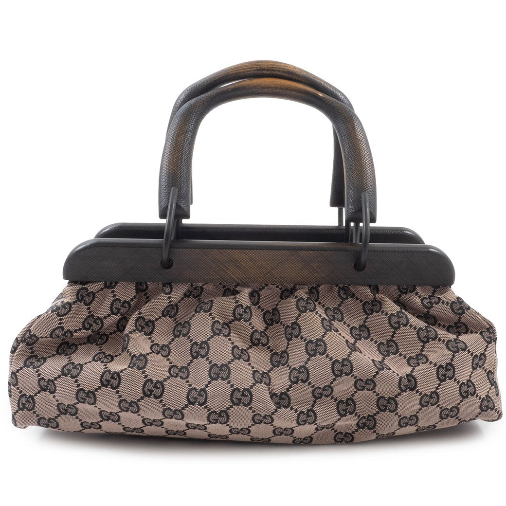 GUCCI GG Canvas Wood Handle Handbag Womens Beige Leather 112688 Preowned Auth0