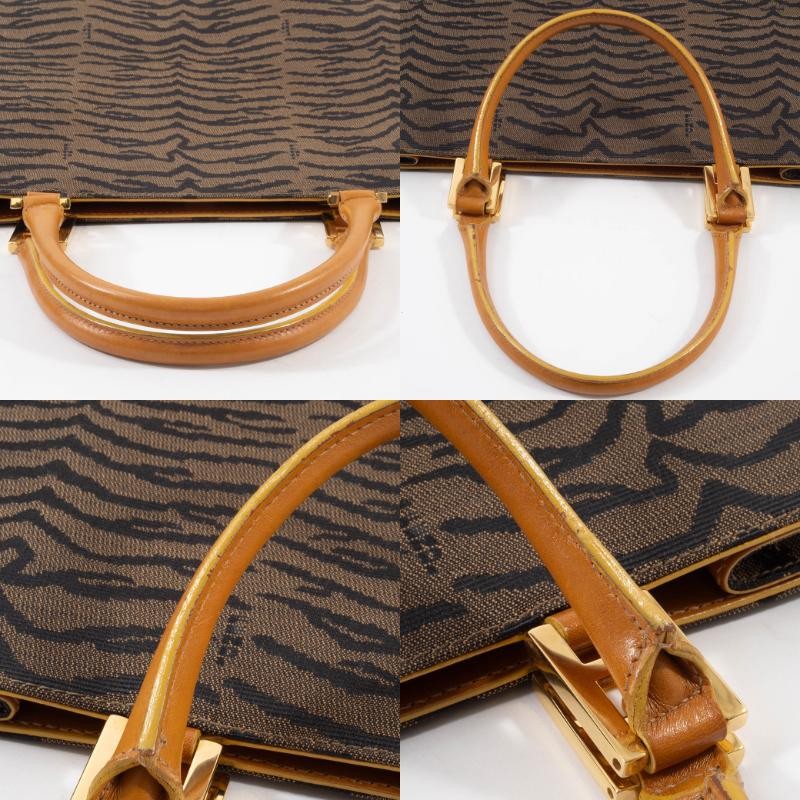 FENDI Zebra Print Tote Bag Canvas Leather Animal Pattern Brown Preowned Auth13