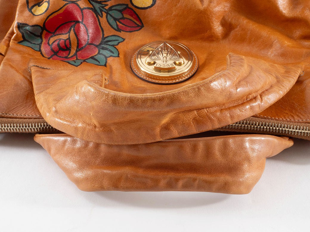 GUCCI Hysteria Floral Paint Brown Leather Handbag Flower Logo Preowned Auth17