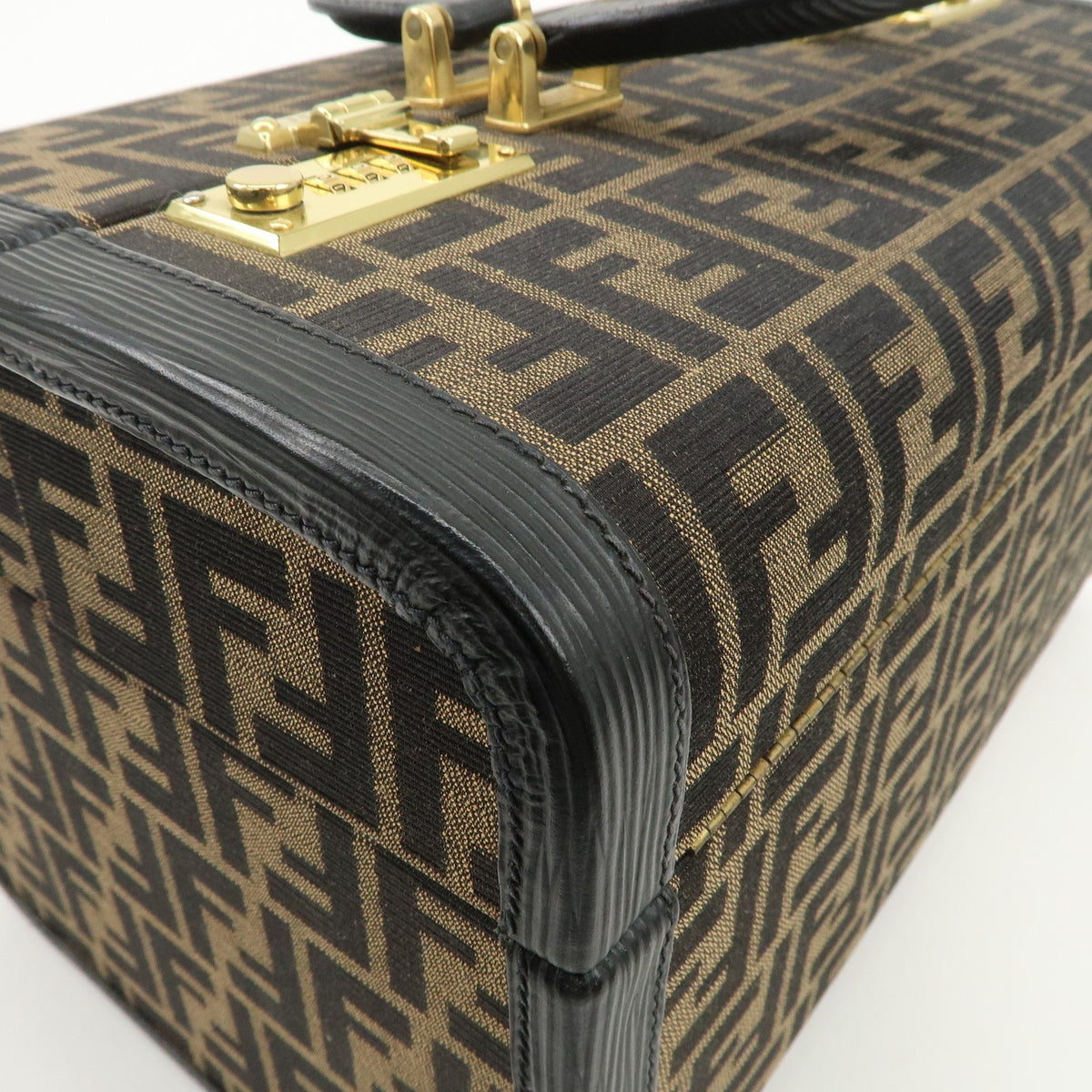 FENDI Zucca Canvas Leather Vanity Bag Makeup Box Brown Black Authentic Used F/S11