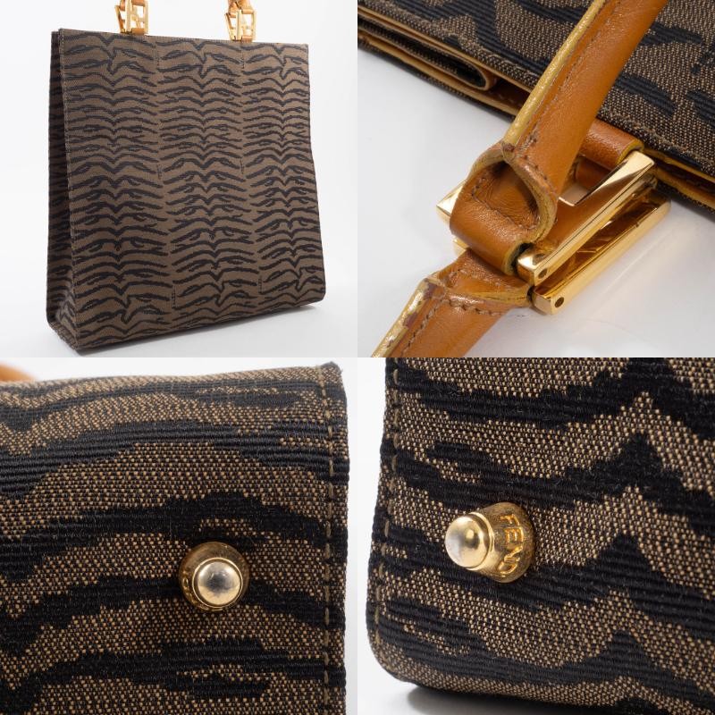 FENDI Zebra Print Tote Bag Canvas Leather Animal Pattern Brown Preowned Auth11