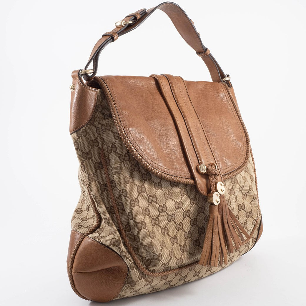 GUCCI Marrakech Hobo Bag GG Canvas Leather Tassel Beige Brown 257021 Preowned6