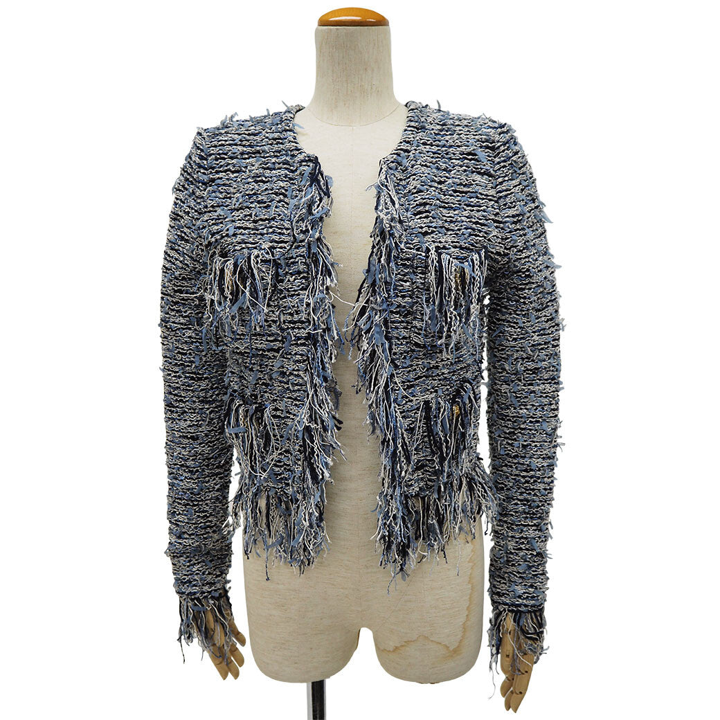 BALMAIN Tweed Fringe Jacket Navy Women's Collarless Cropped Gold Buttons 360