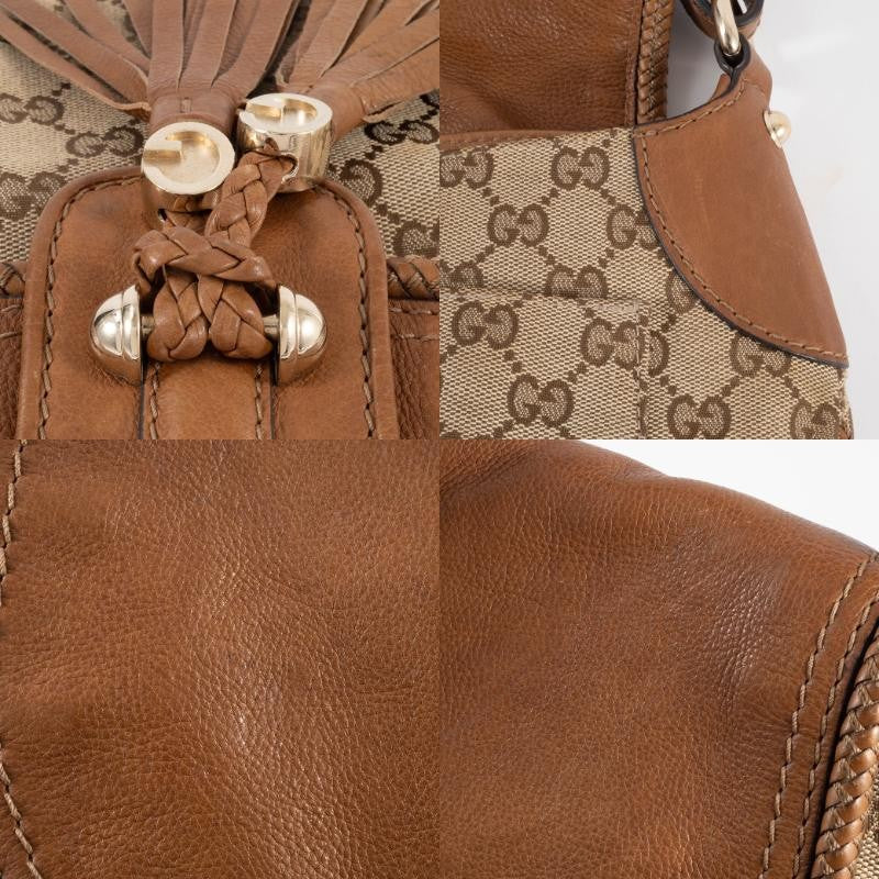 GUCCI Marrakech Hobo Bag GG Canvas Leather Tassel Beige Brown 257021 Preowned14