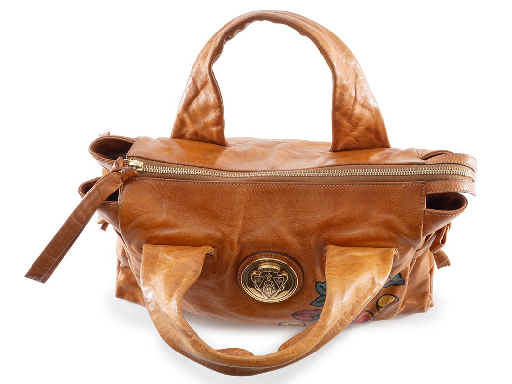 GUCCI Hysteria Floral Paint Brown Leather Handbag Flower Logo Preowned Auth5