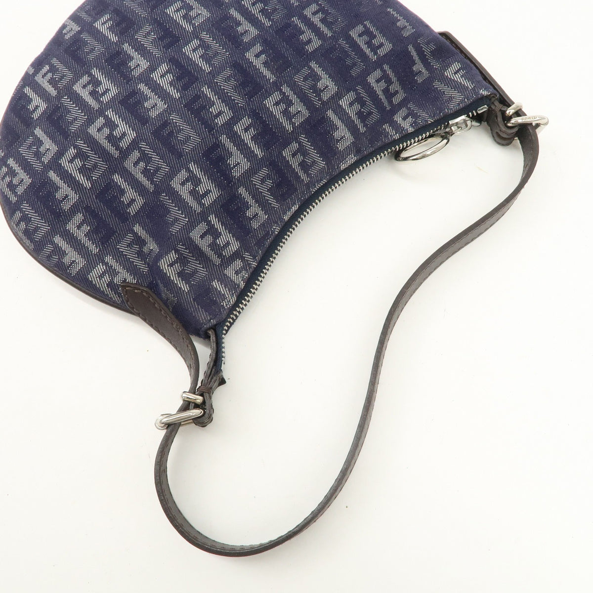 FENDI Zucchino Navy Blue Canvas Leather Hobo Shoulder Bag Slim Preowned Auth5