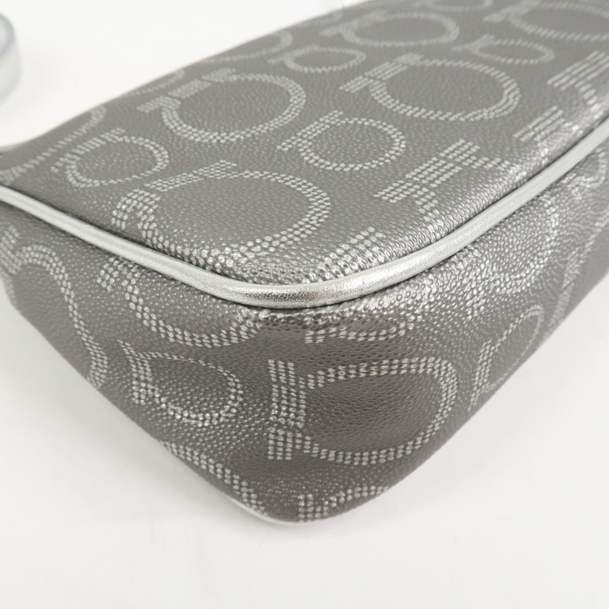Ferragamo Gancini Logo Leather Shoulder Bag Hand Bag Silver Authentic Used F/S10