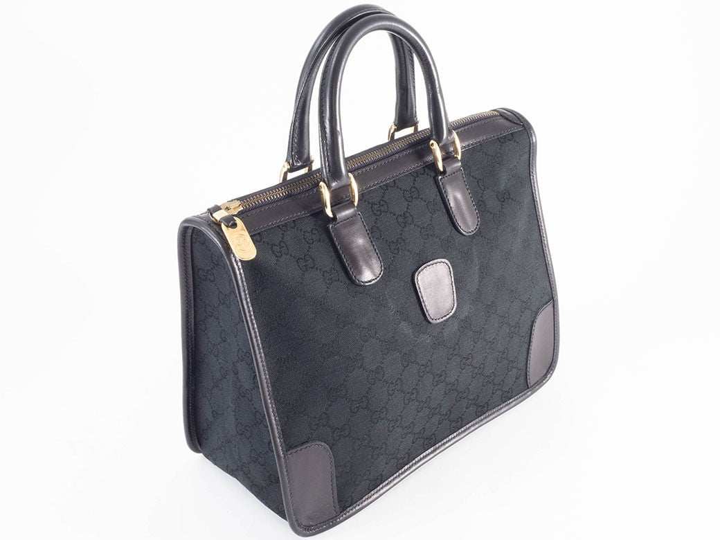 GUCCI Old Gucci GG Canvas Leather Handbag Black Vintage Tote Bag Preowned Auth2