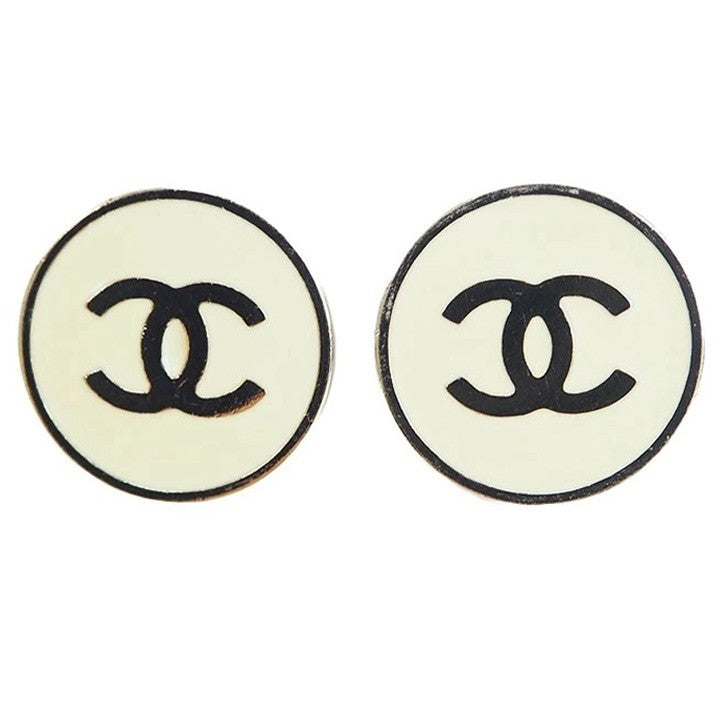 CHANEL Round Coco Earrings Ivory x Silver 04V Ladies Large Size Reuse Used0