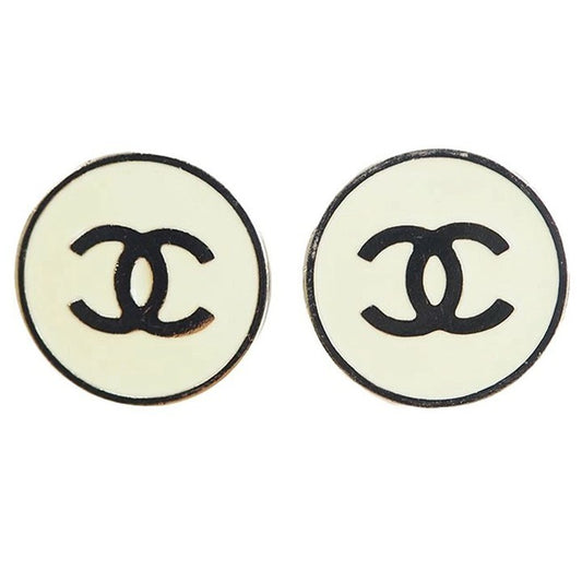 CHANEL Round Coco Earrings Ivory x Silver 04V Ladies Large Size Reuse Used0