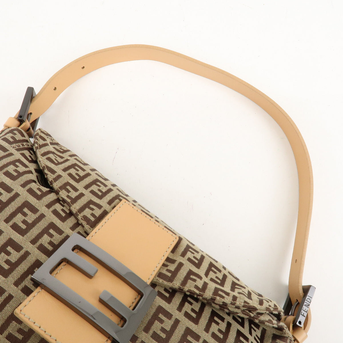 FENDI Zucchino Canvas Womens Shoulder Bag Beige Leather 8BR003 Preowned Auth6