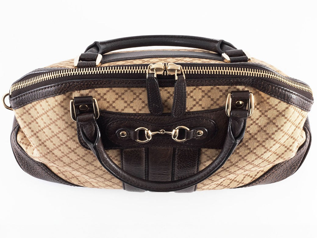 GUCCI Diamante Canvas Leather Tote Handbag Beige Brown Womens Preowned Auth4