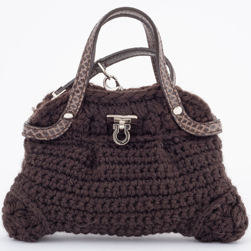 Ferragamo Wool Knit Accessory Pouch Womens Handbag Brown Charm Preowned Auth0